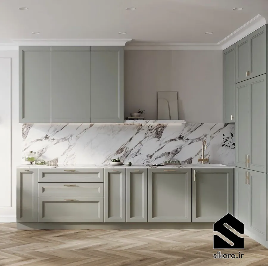 کابینت کلاسیک سبز و دیوارپوش مرمر