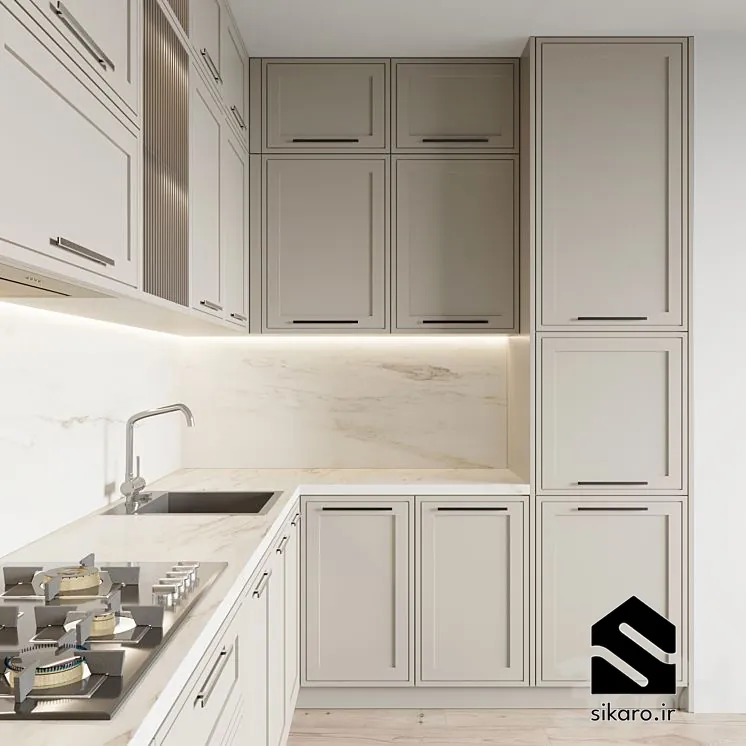 کابینت کلاسیک کرم روشن با نور مخفی