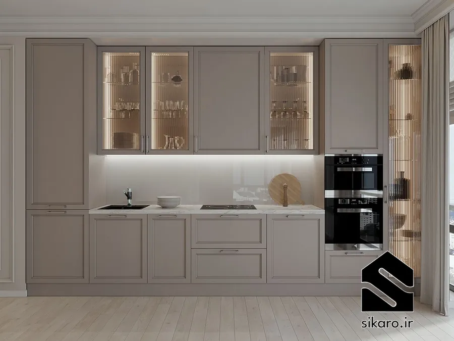 کابینت کلاسیک شیشه ای با ویترین شیشه ای و نور مخفی