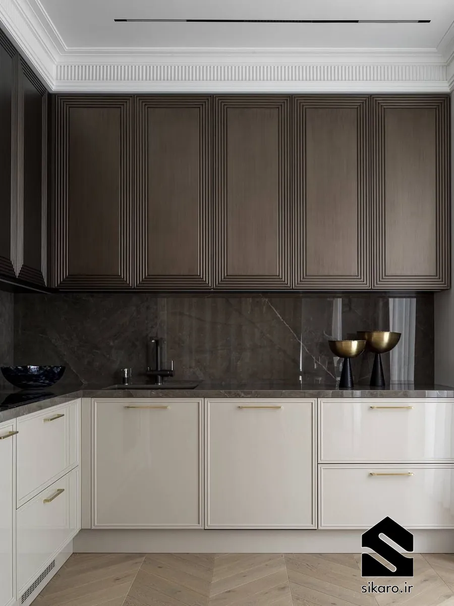 کابینت دو رنگ نئوکلاسیک با چوب تیره