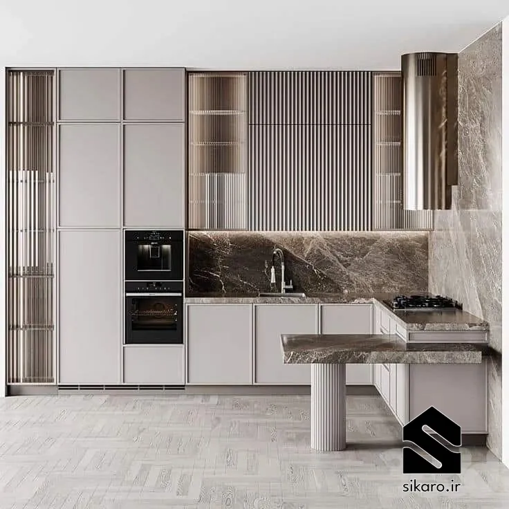کابینت نئوکلاسیک با ترکیب سنگ تیره و خاکی ملایم
