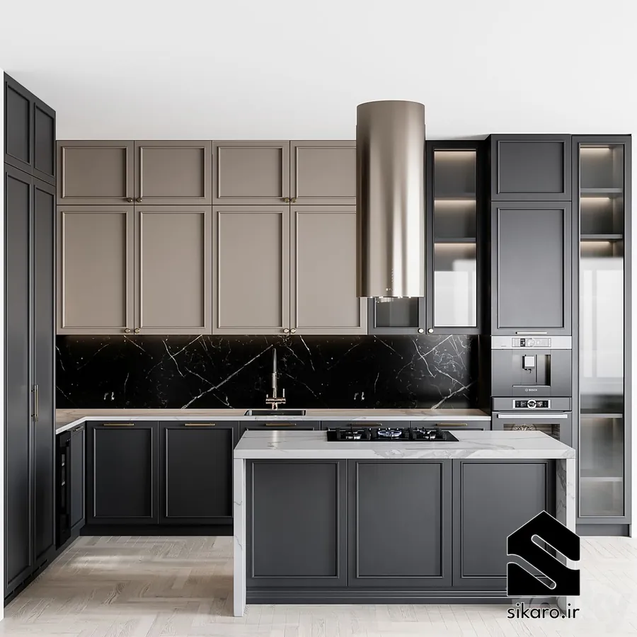 ترکیب رنگ مشکی و خاکی در کابینت نئوکلاسیک