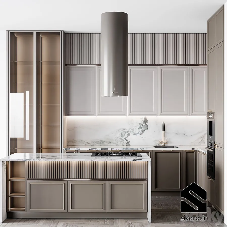 کابینت نئوکلاسیک خاکی با جزئیات سنگ مرمری