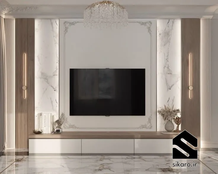 دیوار تلویزیون مینیمال با ترکیب سنگ و چوب