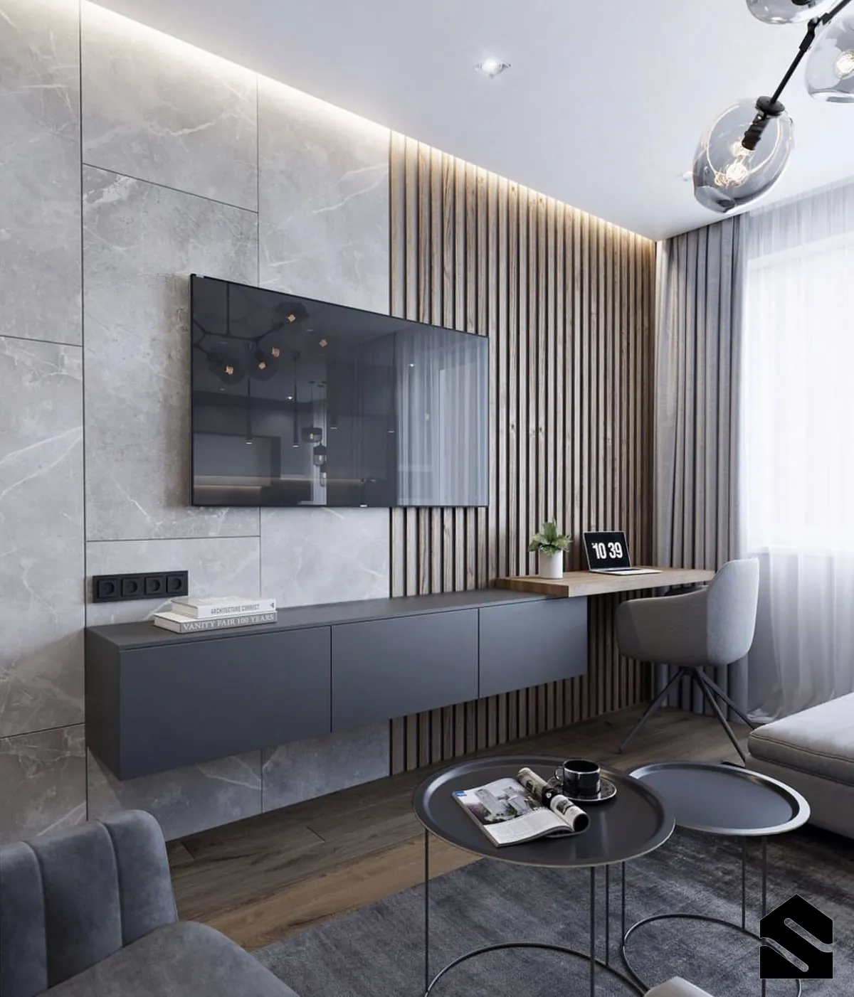 دکور تلویزیون با دیوار چوبی مدرن و یکپارچه در bedroom