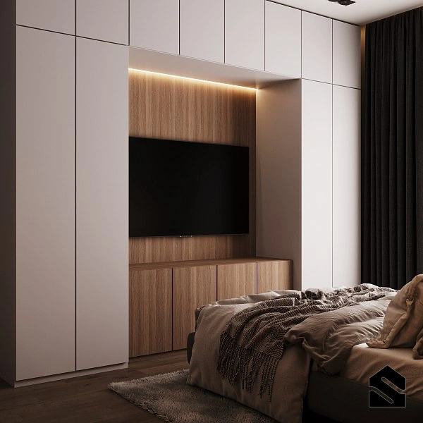 ترکیب چوب روشن و کابینت یکدست در دکور تلویزیون در اتاق بد روم