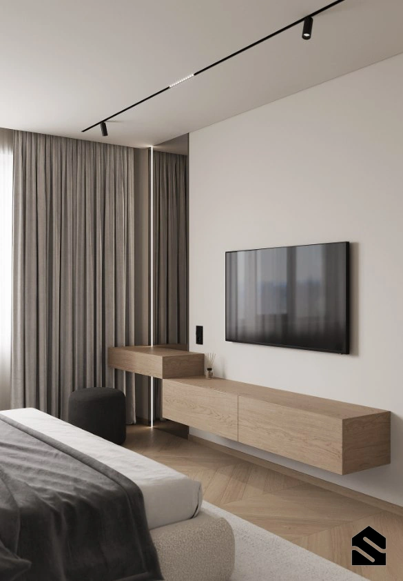دکور چوبی ساده با بافت طبیعی و ساده برای tv wall اتاق خواب