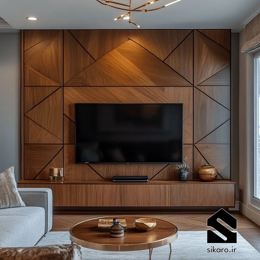 طراحی هندسی خلاقانه با چوب در دیوار تلویزیون