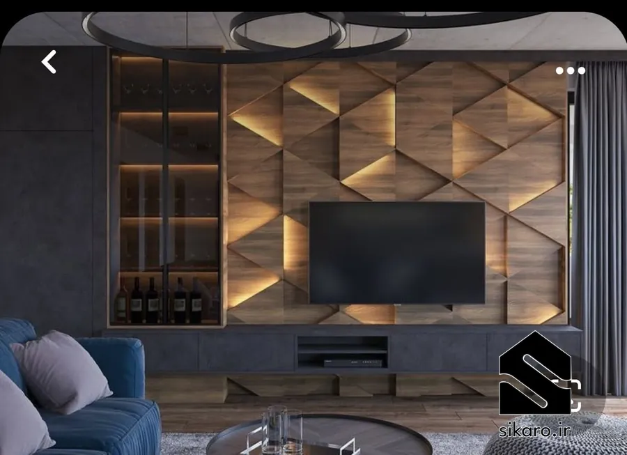 طراحی و اجرای tv wall تمام چوب