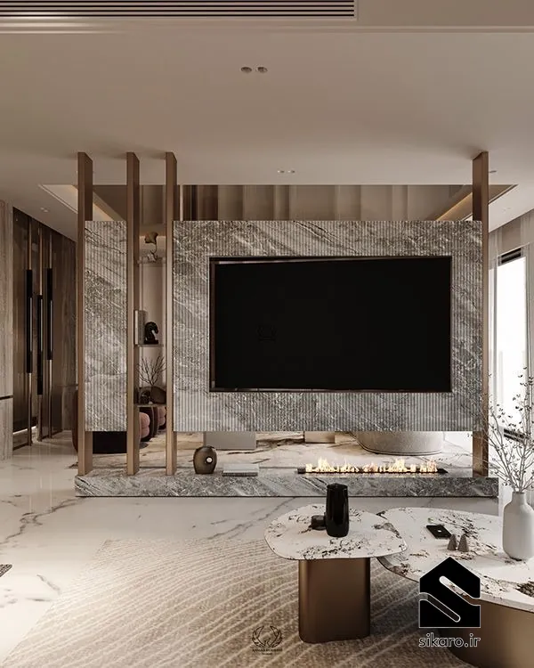 دیوار تلویزیون مرمری لوکس با فریم هندسی