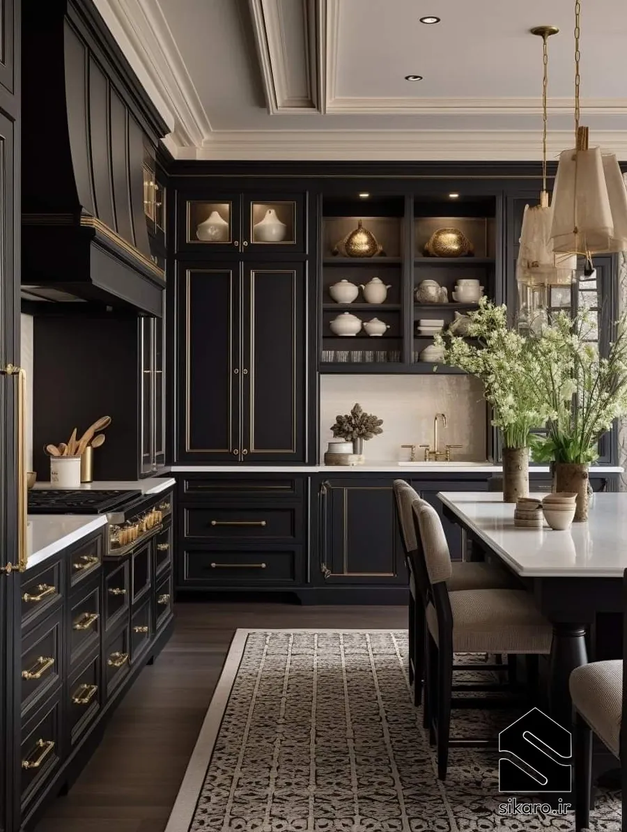 کابینت طرح چوب با ترکیب رنگ مشکی و طلایی