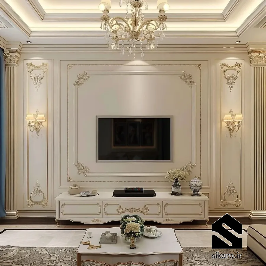 تیوی وال نئوکلاسیک با ترکیب رنگ کرم و طلایی