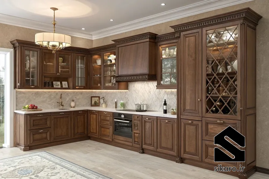 کابینت کلاسیک ال شکل با ویترین شیشه ای