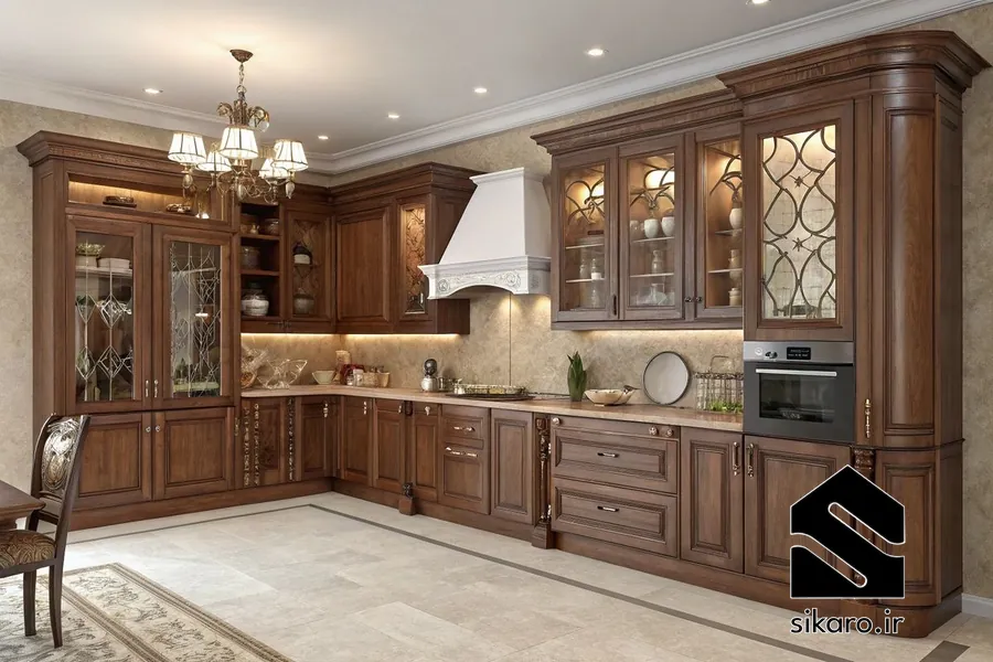 کابینت کلاسیک ال شکل کلاسیک با تاج 