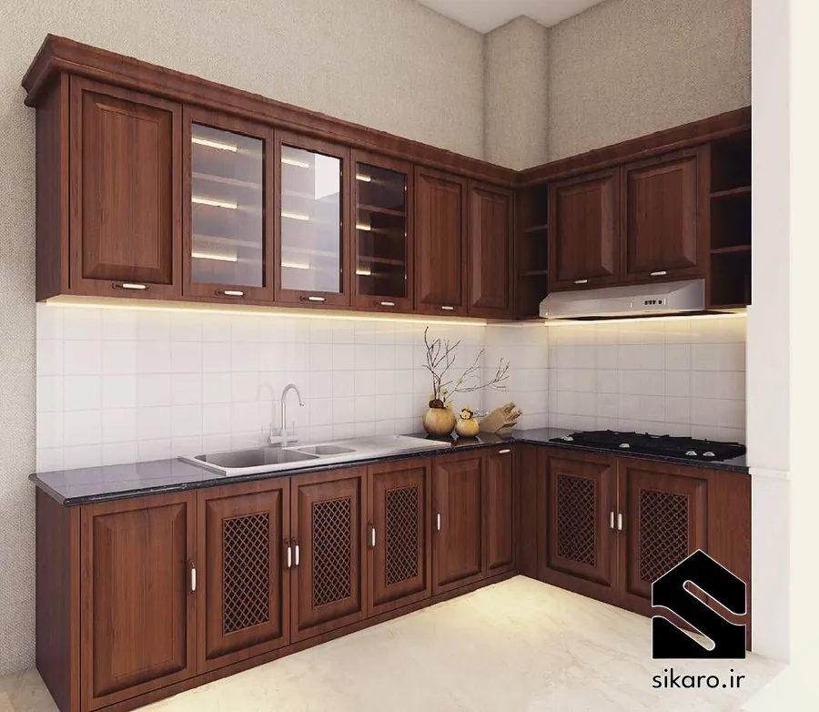 کابینت کلاسیک ال شکل با جزئیات منبت کاری شده