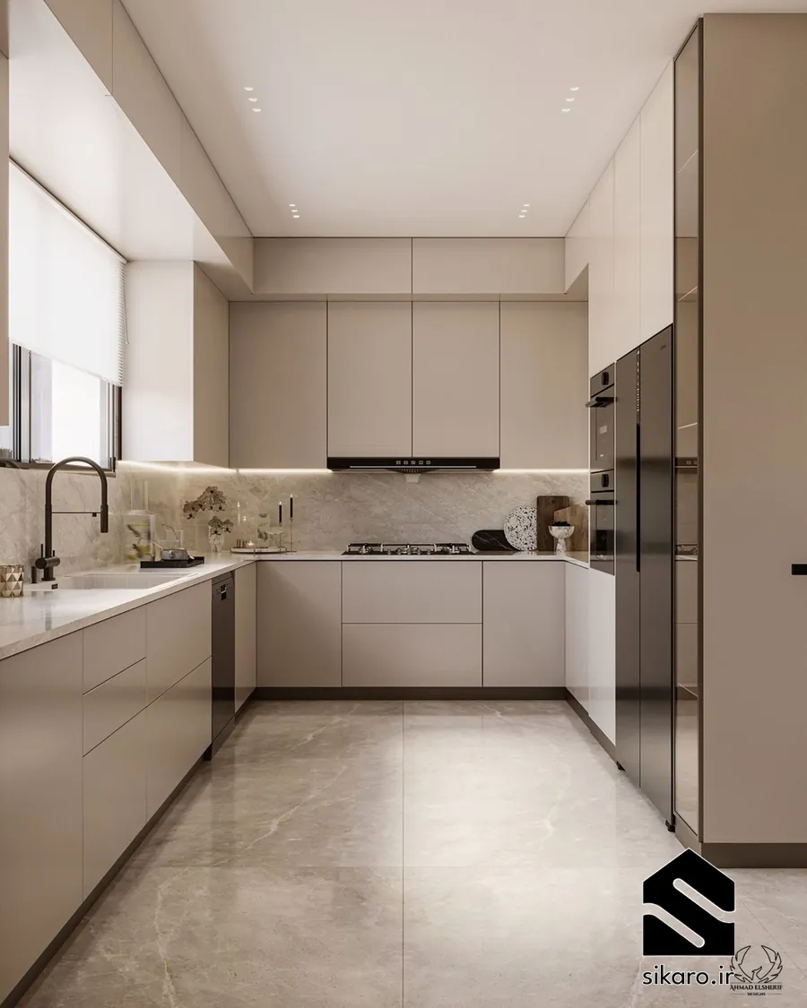 کابینت کرم مدرن ال شکل با چیدمان بهینه