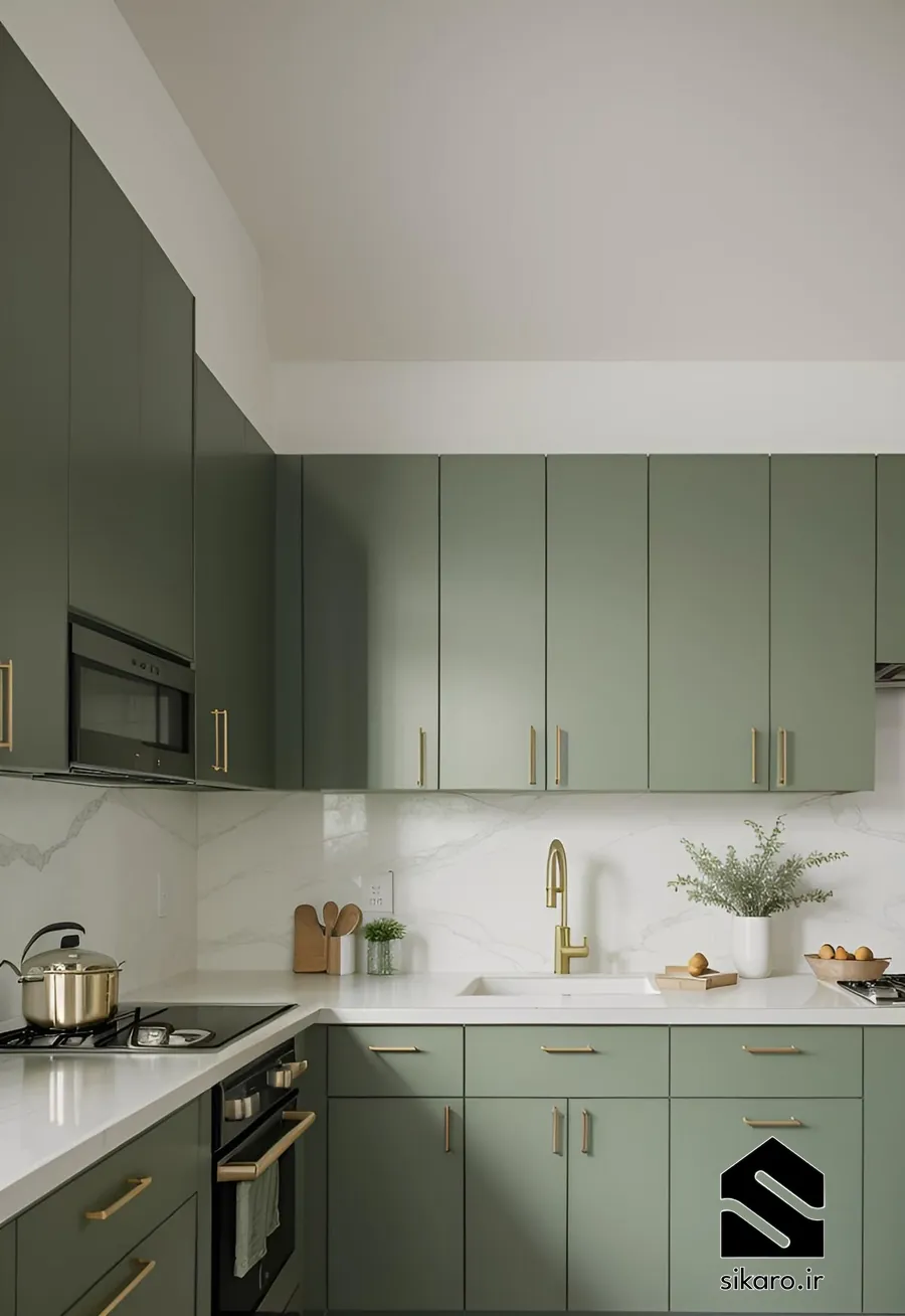 کابینت سبز زیتونی با دستگیره طلایی