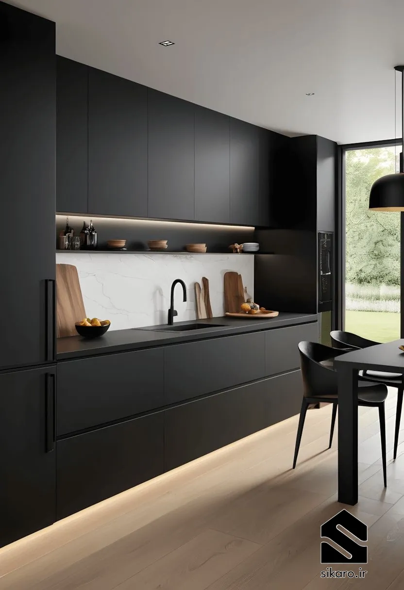 کابینت مشکی مدرن مینیمال با نور مخفی