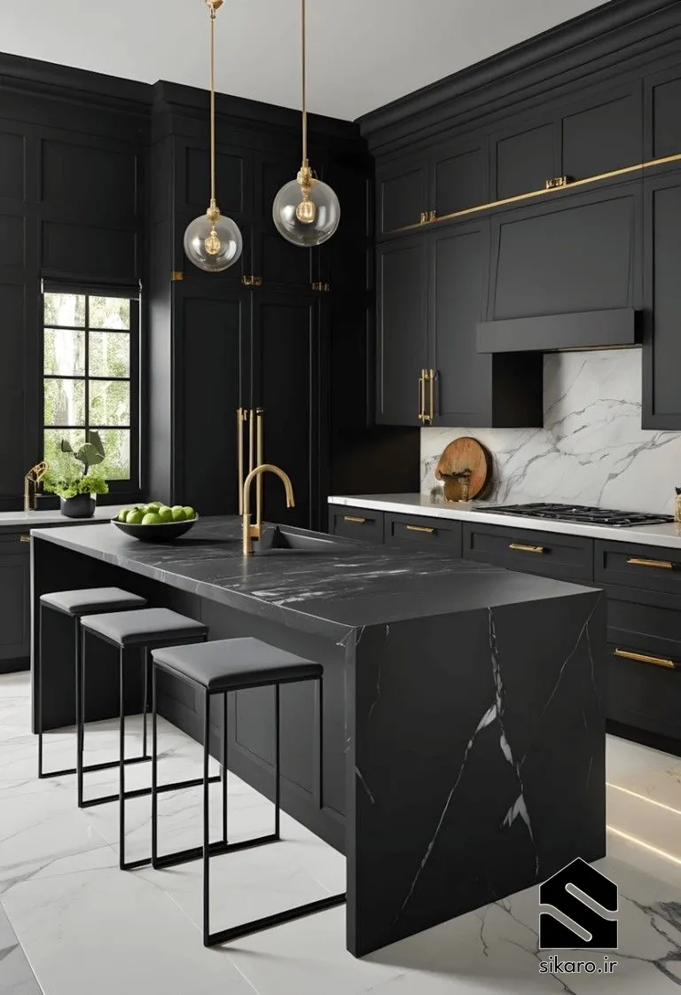 کابینت مشکی مدرن با جزیره مرکزی
