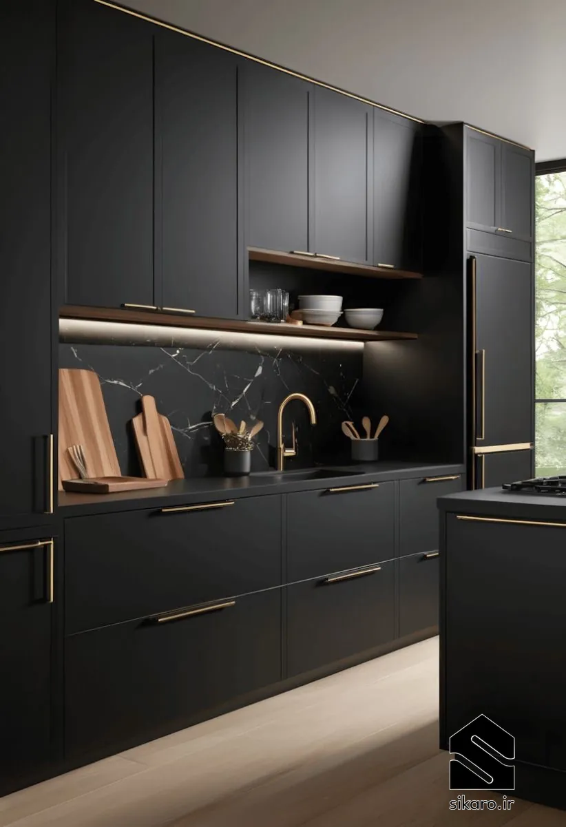 کابینت مشکی مدرن با یراق آلات طلایی