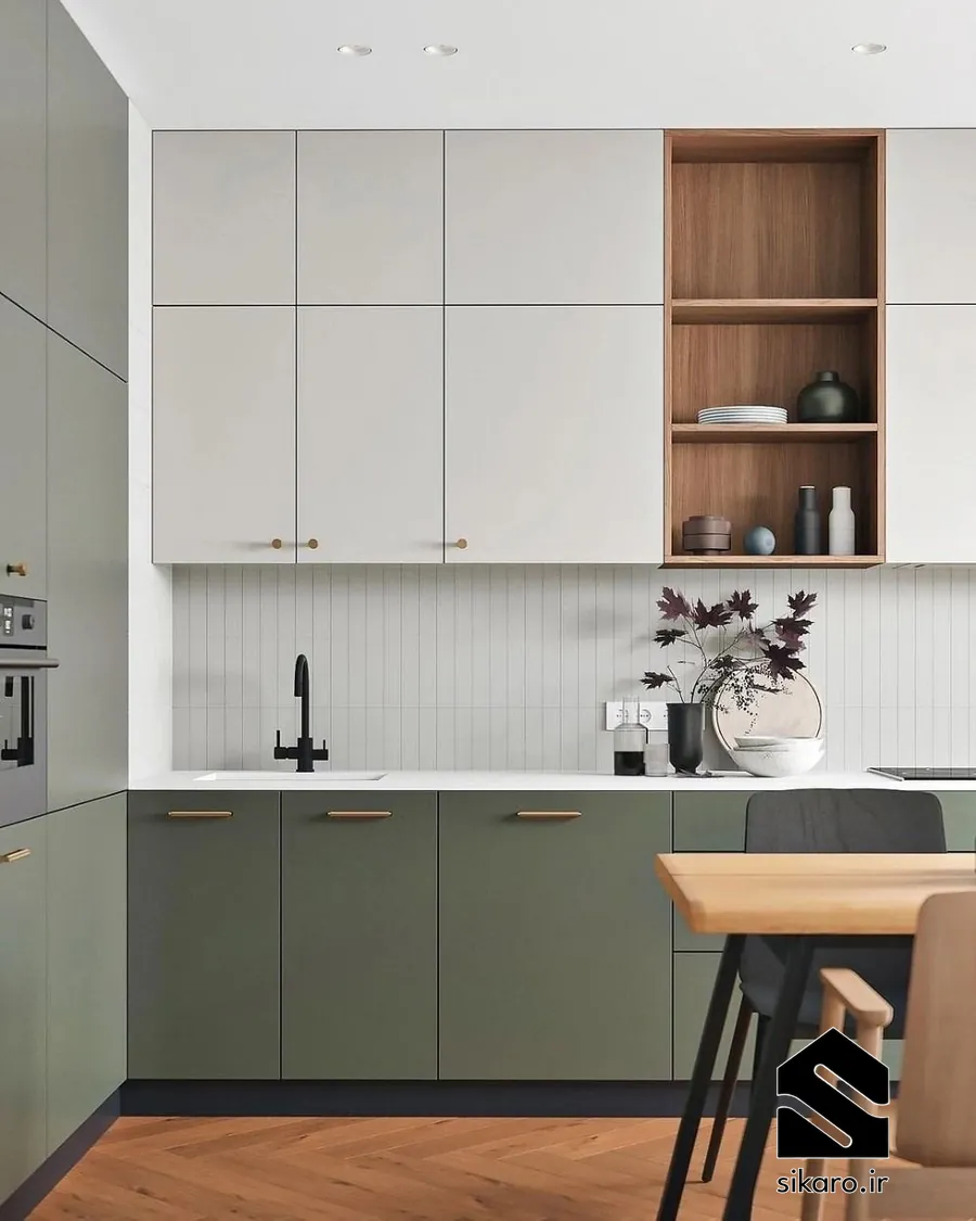 کابینت مدرن با ترکیب سبز زیتونی و چوبی