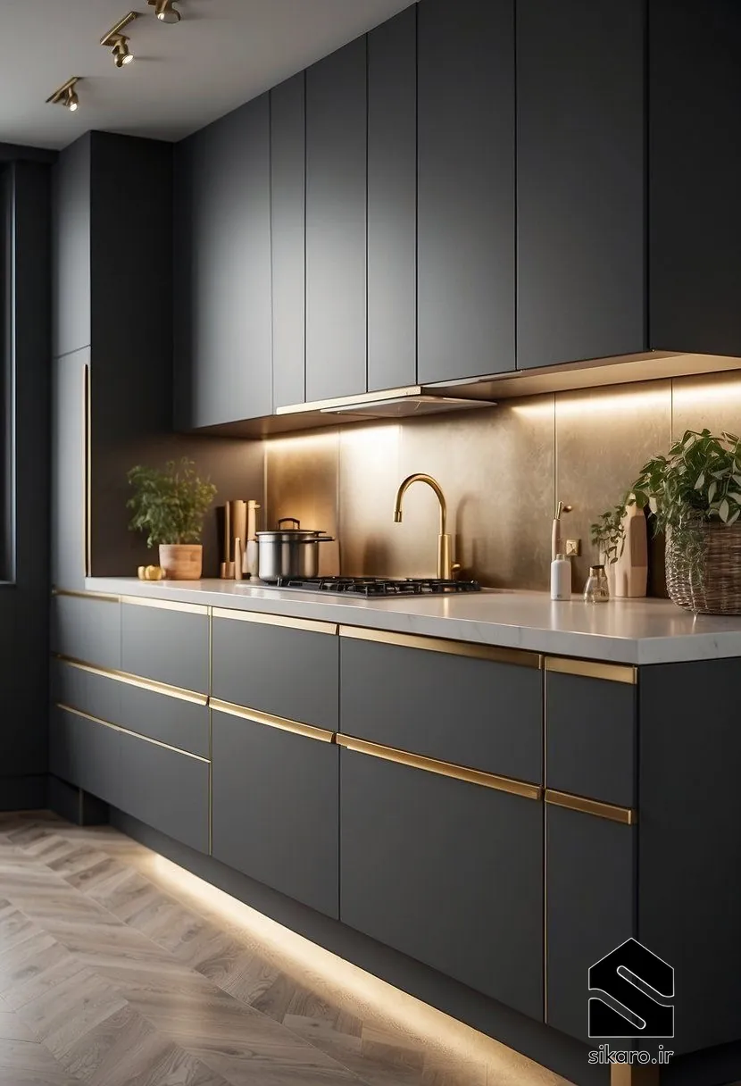 استفاده از رنگ تیره و جزئیات طلایی کابینت مدرن