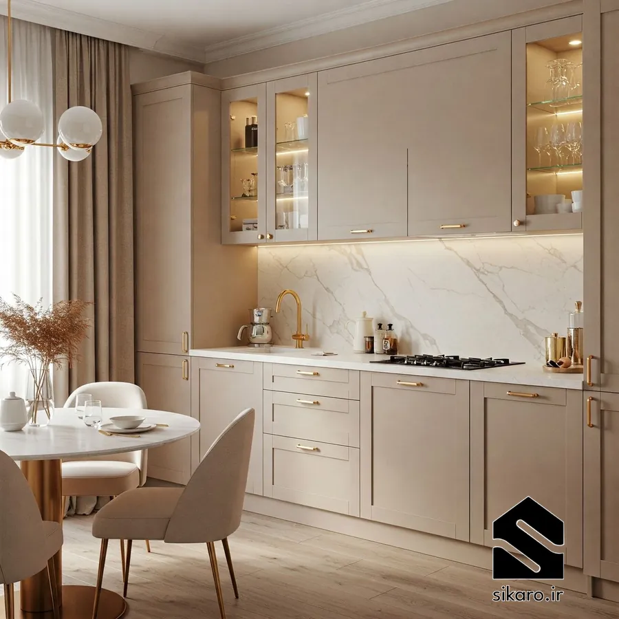 کابینت شیری با دستگیره طلایی مدرن