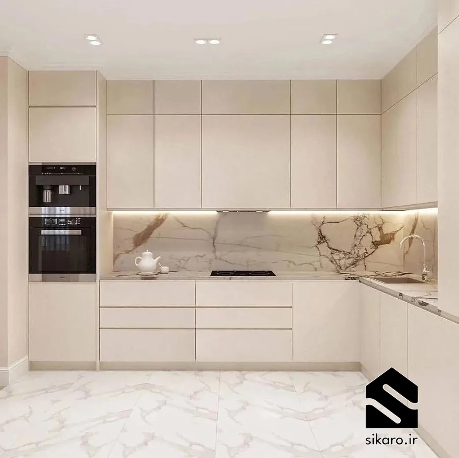 کابینت شیری مات با صفحه سنگ کوارتز