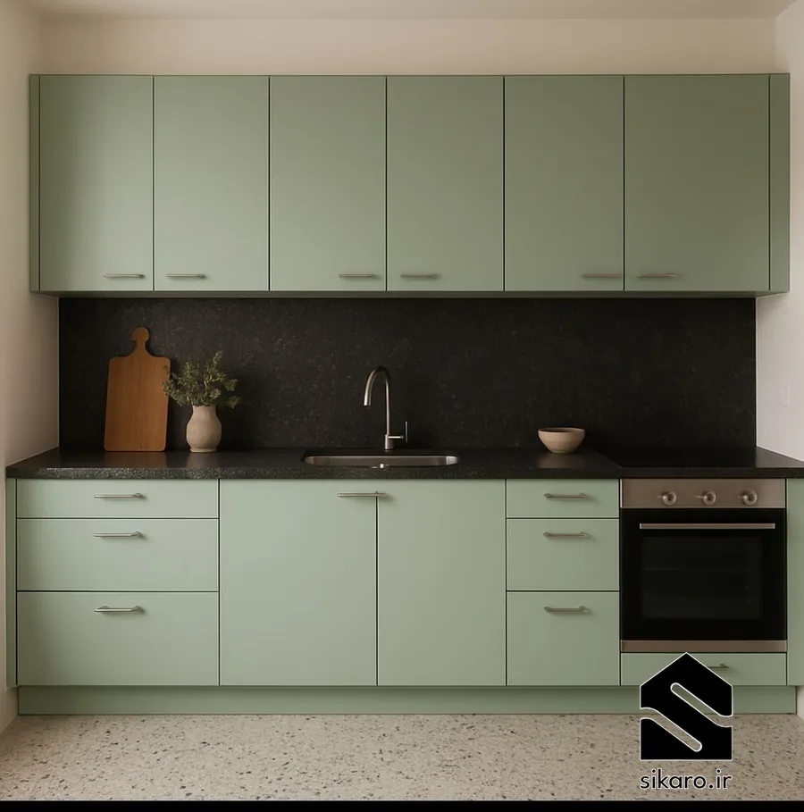 کابینت سبز زیتونی مات با بین کابینتی تیره