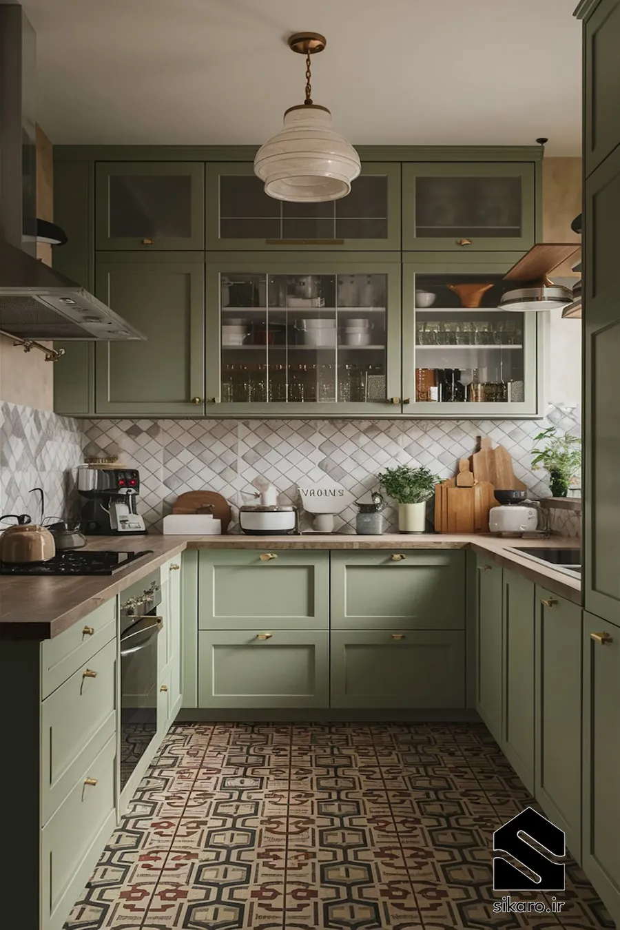 کابینت سبز زیتونی با شیشه دکوراتیو