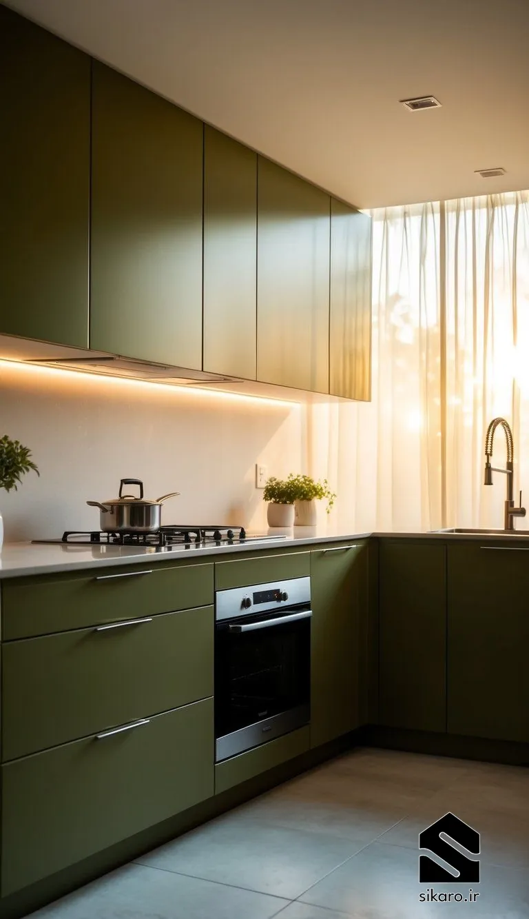 کابینت سبز زیتونی با نور مخفی خطی