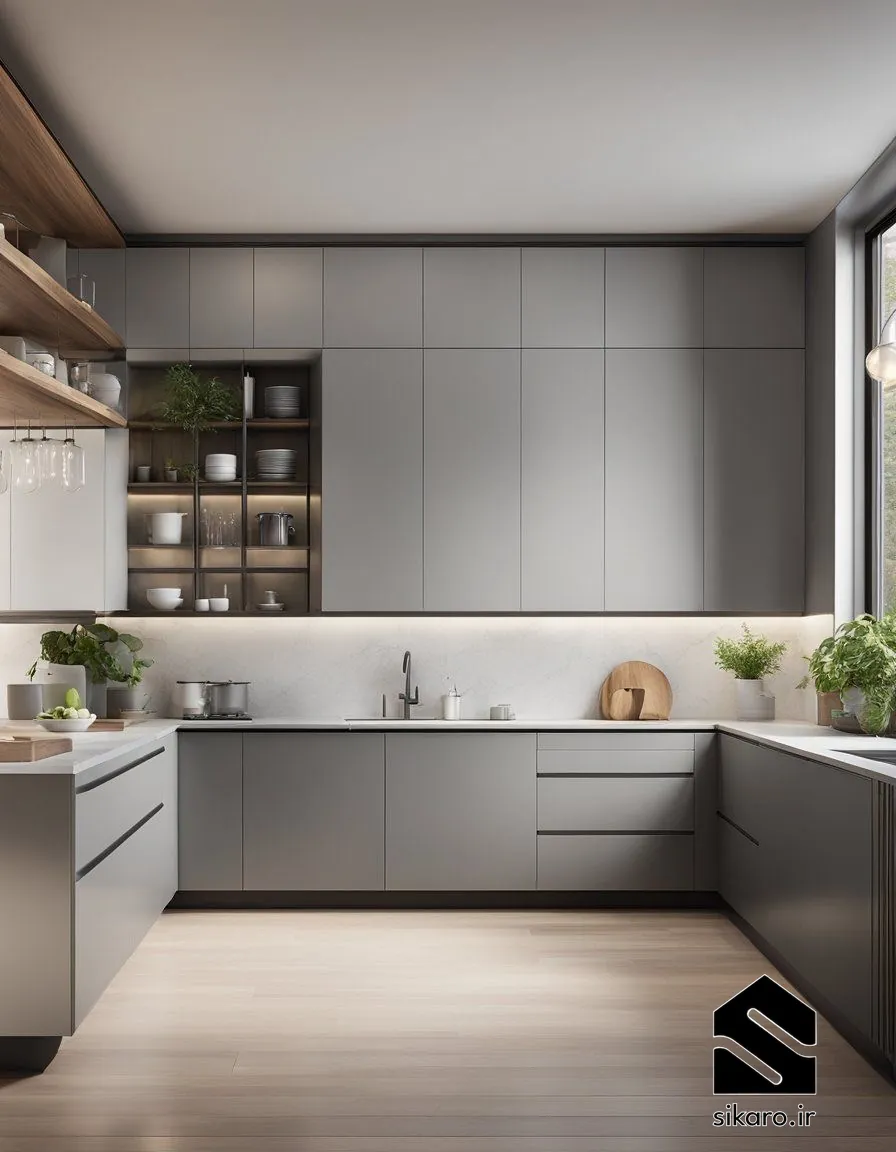 کابینت سفید طوسی مینیمال با شلف چوبی باز
