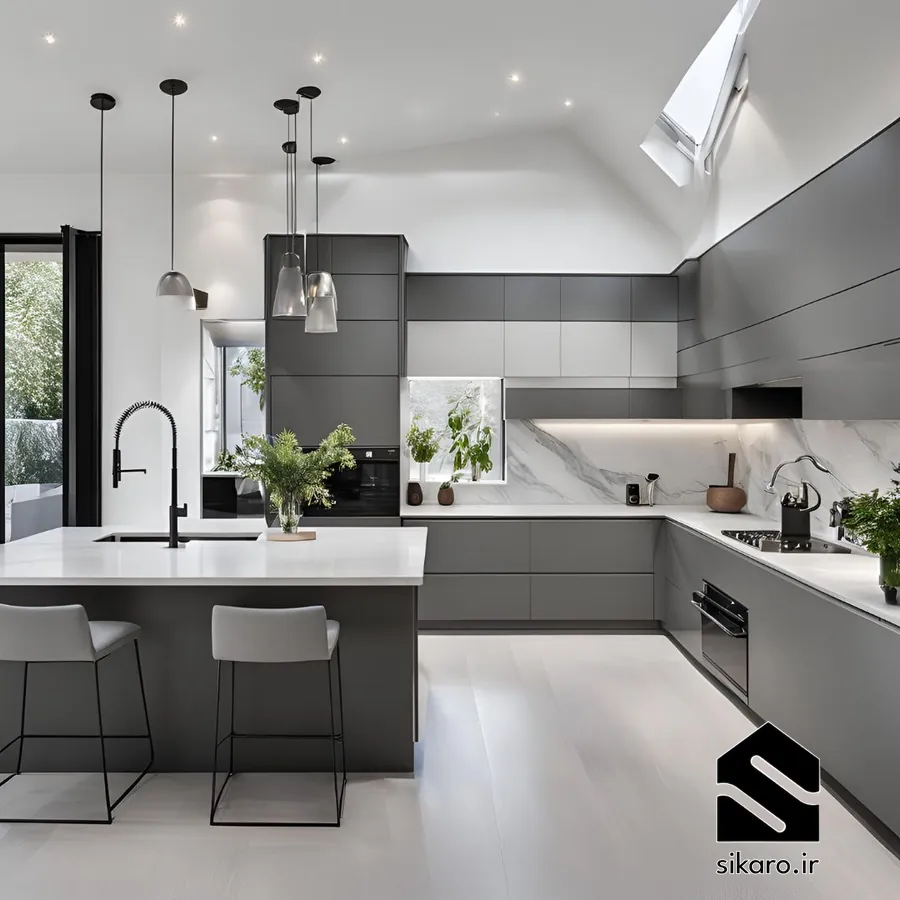 کابینت سفید طوسی با جزیره بزرگ و سقف بلند