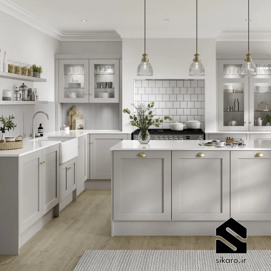 کابینت سفید طوسی با جزیره پهن