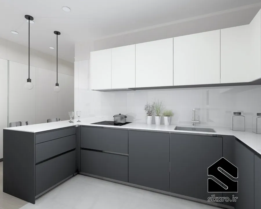 کابینت سفید طوسی مدرن با اپن یکپارچه
