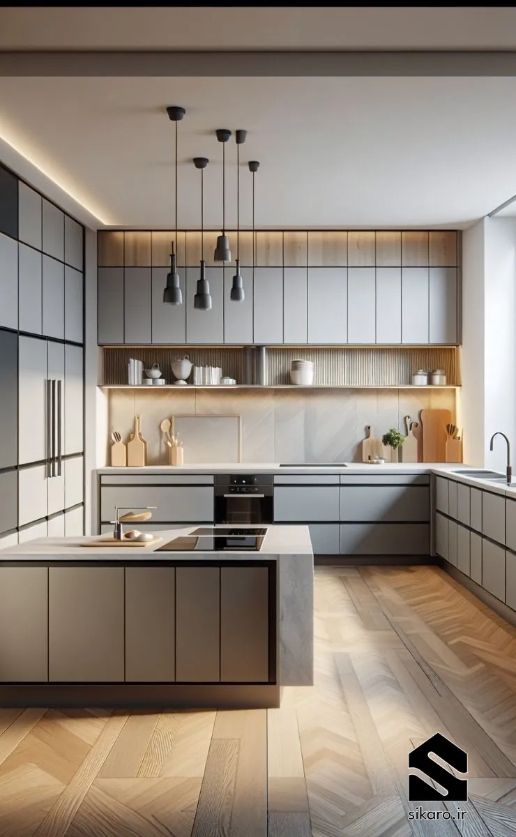 کابینت سفید طوسی با جزیره کوچک کاربردی