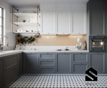 کابینت سفید طوسی با دستگیره مشکی مدرن